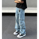 Threebooy Y2K Fashion Multi Pockets Washed Blue Baggy Jeans Cargo Pants For Men Vintage Clothes Straight New Denim Trousers